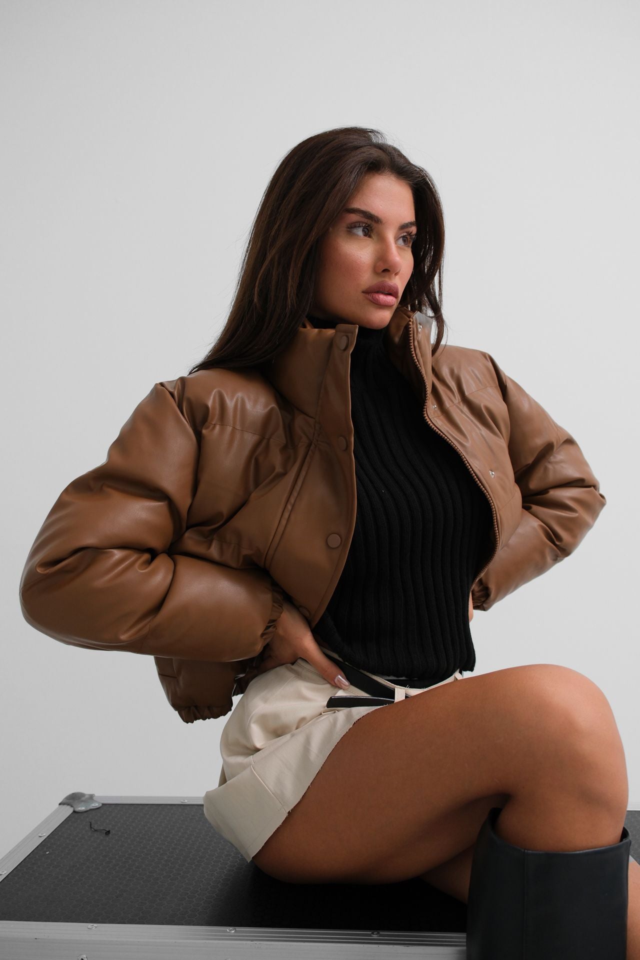 Leather Puffer Jacket - Tan