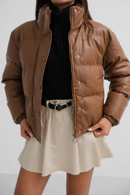 Leather Puffer Jacket - Tan